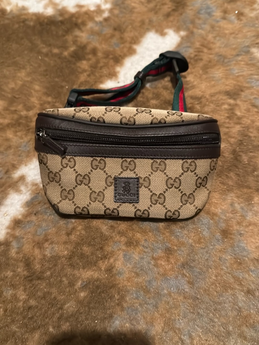 Gucci Brown-Beige GG Canvas Belt Bag with Signature Web Strap